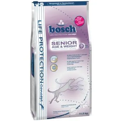 bosch SENIOR AGE & WEIGHT karma dla psów starszych, opakowanie 11,5 kg, widoczne oznaczenie Life Protection Concept oraz grafika psa na froncie.