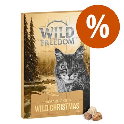 Wild Freedom adventní kalendář pro kočky, Dreaming of a Wild Christmas, s pamlsky. Symbol procenta pro slevu viditelný.