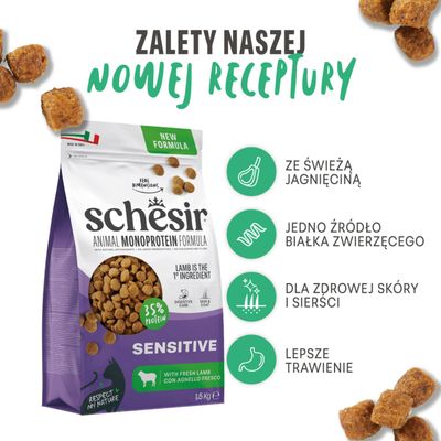 Schesir Animal Monoprotein Formula Sensitive z świeżą jagnięciną, 35% białka. Zalety: świeże mięso jagnięce, jedno zwierzęce źródło białka, zdrowa skóra i sierść, lepsze trawienie.