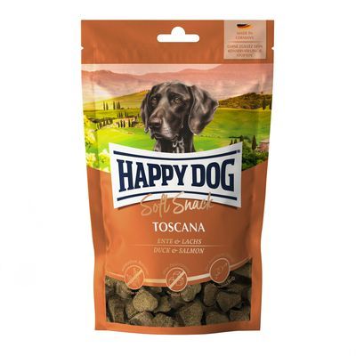 Happy Dog Soft Snack Toscana, eend & zalm. Zichtbare zachte hondensnacks in hersluitbare zak. Tekst: Made in Germany.