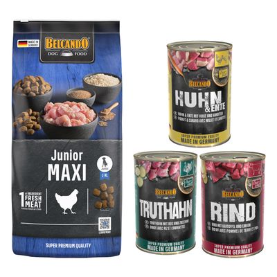 Belcando Adult Dinner, sac 15 kg et assortiment de 6 boîtes 400 g pour chien, texte visible : Pack gourmand. Emballages avec photo de chien et noms des variétés sur les boîtes.
