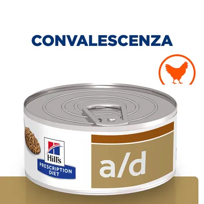 Scatoletta Hill's Prescription Diet a/d, scritta 'CONVALESCENZA' in alto, simbolo arancione di pollo, etichetta visibile con nome prodotto. Scatoletta Hill's Prescription Diet a/d, scritta 'CONVALESCENZA' in alto, simbolo arancione di pollo, etichetta visibile con nome prodotto.