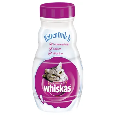 Whiskas mleko za mačke, z zmanjšano vsebnostjo laktoze, s kalcijem in vitamini. Embalaža prikazuje sivo mačko na roza ozadju.