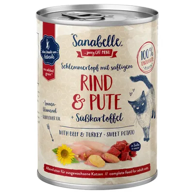 Sanabelle juicy Cat Menu, mäsový hrniec so šťavnatým hovädzím a morčacím mäsom + batát, bez pridaných obilnín, slnečnicový olej, kompletné krmivo pre dospelé mačky.