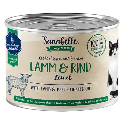 Sanabelle juicy cat menu dåse med teksten: Lamm & Rind + Leinöl, 100 % exquisite zutaten, no added grain, with lamb & beef + linseed oil. Kat og lam tegnet på etiketten.