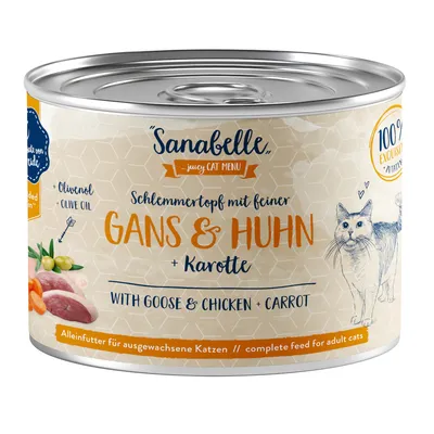 Sanabelle Schlemmertopf med fin gås og kylling + gulerod. Fuldfoder til voksne katte, med olivenolie. 100% eksklusive ingredienser.