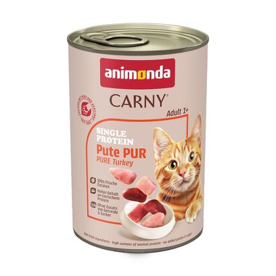 Lot de 24 boîtes Animonda Carny Single Protein Adult pour chat, variétés visibles : Huhn Pur, Rind Pur, Pute Pur. Texte visible : 100 % frische Zutaten, Ohne Getreide, Made in Germany.