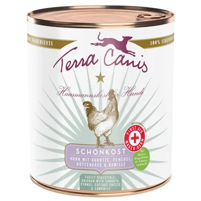 Terra Canis Hausmannskost for dogs, gentle diet: chicken with carrot, fennel, cottage cheese & chamomile. With lemon balm, marigold & black cumin. First Aid digestive. 100% food grade.