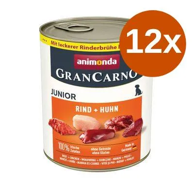 Animonda GranCarno Junior Rind + Huhn, 12x burkar. Text: 100 % frische Zutaten, ohne Getreide ohne Gluten, Made in Germany. Bild på köttbitar och kyckling.