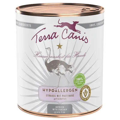 Terra Canis Hausmannskost for dogs, hypoallergenic, ostrich with parsnip, grain-free, 100% human-grade quality, developed by veterinarians, green certified seal visible.
