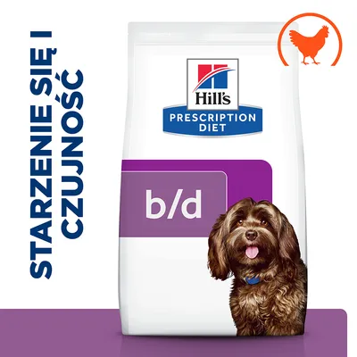 Hill's Prescription Diet b/d, opakowanie z psem, tekst: Starzenie się i czujność, symbol kurczaka w rogu Hill's Prescription Diet b/d, opakowanie z psem, tekst: Starzenie się i czujność, symbol kurczaka w rogu