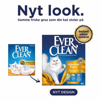 Ever Clean Litterfree Paws kattegrus, nyt emballagedesign, øjeblikkelig lugtkontrol, 10 L. Bemærk nyt design og samme kvalitet.