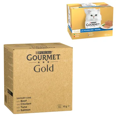 Gourmet Gold: 96 x 85 г + смесена опаковка фин пастет, 24 x 85 г подарък!  - фино рагу: говеждо, пиле, риба тон, сьомга, 96 x 85 г + смесена опаковка фин пастет: заешко, телешко, говеждо, агнешко, 24 x 85 г 