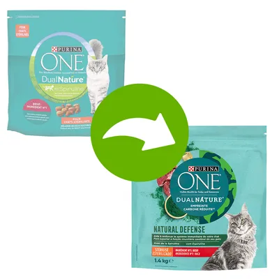 Purina ONE DualNature Katzenfutter mit Spirulina, Beutel für sterilisierte Katzen. Produktwechsel zu Natural Defense mit reduzierter CO2-Bilanz und Rind als Hauptzutat.
