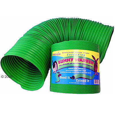 Green flexible tunnel 'Bunny Warren', extendable up to 3m, suitable for rabbits and other small animals. Text: 'Bend it, Extend it'.