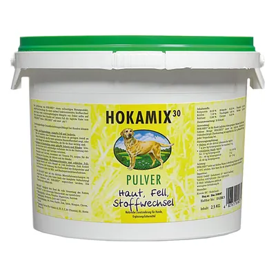 HOKAMIX 30 Pulver, Haut, Fell, Stoffwechsel. Natürliche Zusatznahrung für Hunde, Ergänzungsfuttermittel. Indhold: 2,5 kg. Synligt billede af hund på etiketten.