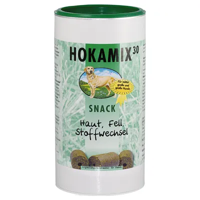 HOKAMIX 30 SNACK, Haut, Fell, Stoffwechsel. Für mittelgroße und große Hunde. Billede af hund og snack-piller på emballagen. Ergänzungsfuttermittel für Hunde.