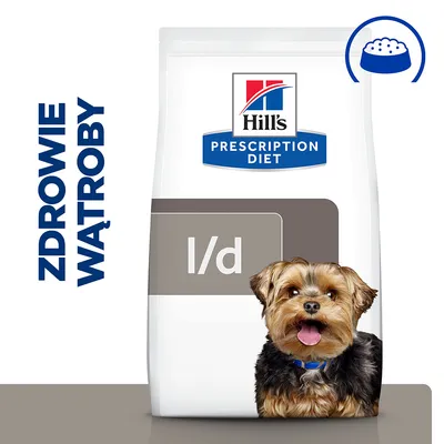 Hill's Prescription Diet l/d, opakowanie karmy z psem, widoczny napis: ZDROWIE WĄTROBY oraz ikona miski z jedzeniem.