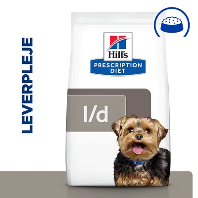 Hill's Prescription Diet l/d tørfoder til hund, teksten 'LEVERPLEJE' og billede af lille hund på posen. Skål-ikon øverst til højre. Hill's Prescription Diet l/d tørfoder til hund, teksten 'LEVERPLEJE' og billede af lille hund på posen. Skål-ikon øverst til højre.
