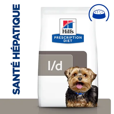 Hill's Prescription Diet l/d, texte visible : SANTÉ HÉPATIQUE, image d’un chien devant le paquet. Bol de croquettes illustré en haut à droite. Hill's Prescription Diet l/d, texte visible : SANTÉ HÉPATIQUE, image d’un chien devant le paquet. Bol de croquettes illustré en haut à droite.