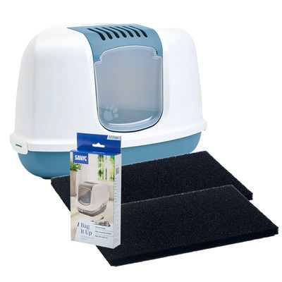 Geschlossene Katzentoilette mit blauem Boden, weissem Gehäuse und transparenter Schwingtür mit Pfotenmotiv.