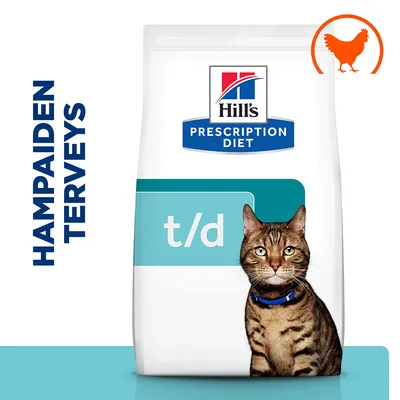 Hill's Prescription Diet t/d kissanruoka, pakkauksessa teksti 'HAMPAIDEN TERVEYS' ja kanan kuva. Kuvassa myös ruskea raidallinen kissa.