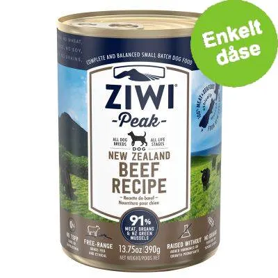 ZIWI Peak New Zealand Beef Recipe hundemad, 91 % kød, organer og NZ green mussels, 390 g. Tekst: Enkelt dåse. All dog breeds, all life stages, free-range, no grain, no soy.