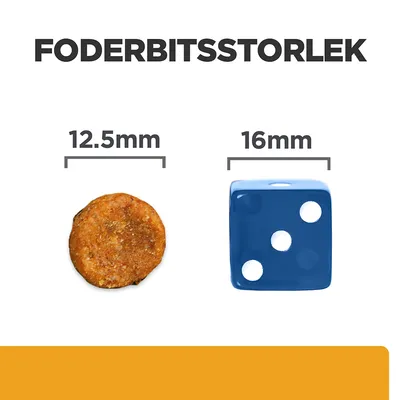 Foderbitsstorlek: rund foderbit 12,5 mm bredvid blå tärning 16 mm som storleksjämförelse.