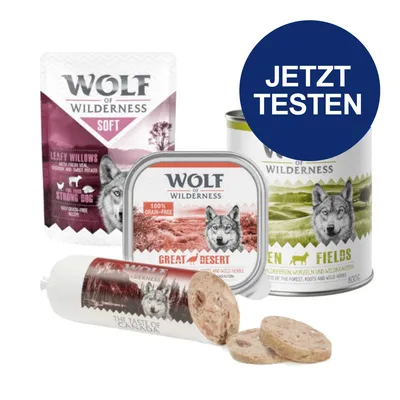 Wolf of Wilderness Produkte: Soft Leafy Willows, Great Desert Dose, Green Fields Dose und The Taste of Canada Wurst. Jetzt testen.