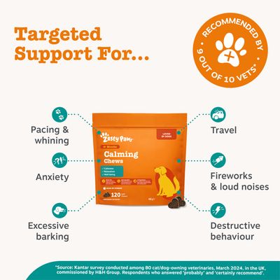 Zesty Paws Calming Chews, amelyet 10 állatorvosból 9 ajánl. Segít a szorongás, a túlzott ugatás, a nyugtalanság, az utazás, a tűzijáték és a romboló viselkedés kezelésében.