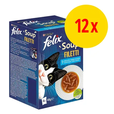 Confezione Purina Felix Soup Filetti per gatti, 12x48g. Visibile piatto con filetti in brodo, scritta 'Senza coloranti'. Gusto: merluzzo, tonno, platessa.