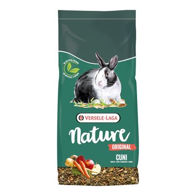 Versele-Laga Nature Original Cuni. Hrana za kunce z barvami iz naravnih sestavin, originalni recept in okus. Prikazano: zelenjava in kunec.