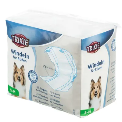 Trixie Windeln für Rüden, luiers voor reuen, maat S-M, omtrek 30–46 cm. Verpakking toont productillustratie en hond. Meertalige informatie zichtbaar op de verpakking.