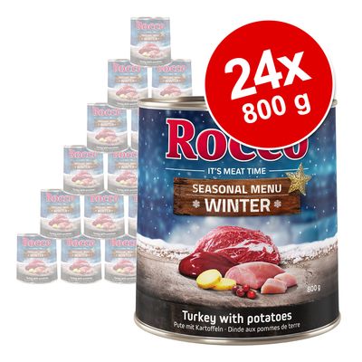 Rocco Seasonal Menu Winter, kalkoen met aardappelen. Verpakking van 24 blikken à 800 g. Tekst op blik: It's Meat Time, Turkey with potatoes.