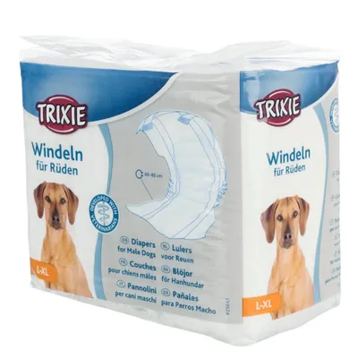 TRIXIE Windeln für Rüden, L-XL, 60–80 cm, luiers voor reuen. Verpakking toont productafbeelding en meertalige omschrijving, inclusief Nederlands.