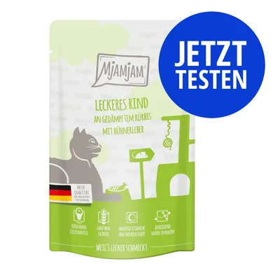 MjAMjAM Leckeres Rind an gedämpftem Kürbis mit Hühnerleber, extra hoher Fleischanteil, ganz ohne Getreide, wichtige Vitamine und Mineralstoffe, Taurin enthalten. Jetzt testen.