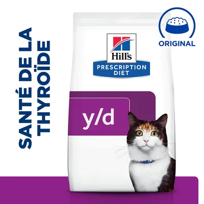 Hill's Prescription Diet y/d pour chats, mention « Santé de la thyroïde », emballage avec un chat et logo Original visibles.