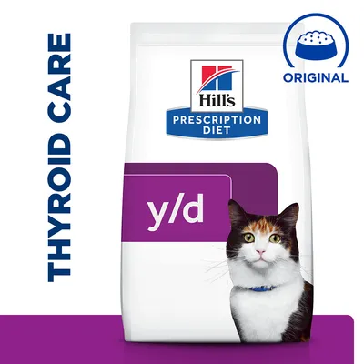 Bag labelled y/d with text 'Thyroid Care', 'Prescription Diet', and 'Original' shown, featuring a cat image. Indicates food for thyroid care as per visible information.