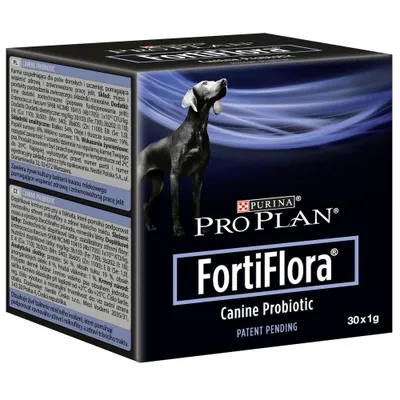 Purina Pro Plan FortiFlora Canine Probiotic, 30 x 1g sachets. Product box shows usage instructions and ingredients in multiple languages.