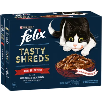 Felix Tasty Shreds Farm Selection with beef, chicken, duck and turkey in gravy. New shredded pieces. No added artificial colours, flavours or preservatives. 12x100g.