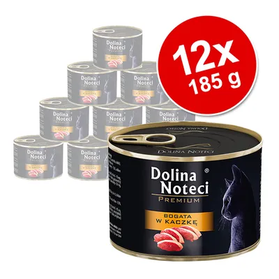 Dolina Noteci Premium Katzenfutter, reich an Ente, 12x 185g Dosen. Schwarze Verpackung mit Katzenmotiv und Entenfleischabbildung. Dolina Noteci Premium Katzenfutter, reich an Ente, 12x 185g Dosen. Schwarze Verpackung mit Katzenmotiv und Entenfleischabbildung.