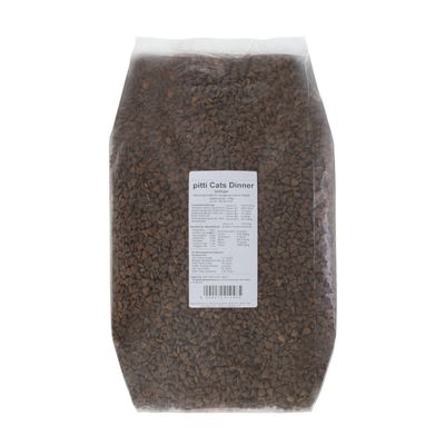 Pitti Cats Dinner Trockenfutter mit Geflügel. Sichtbare Nährwertangaben: Protein 30%, Fett 10%, Rohfaser 2%. Verpackung mit Barcode und Inhaltsangaben.