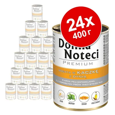 Dolina Noteci Premium, 24×400 г консерви. Видими съставки: яйце, босилек, тиква, ленено масло. Текст на полски: BOGATA W KACZKĘ Z DYNIĄ.