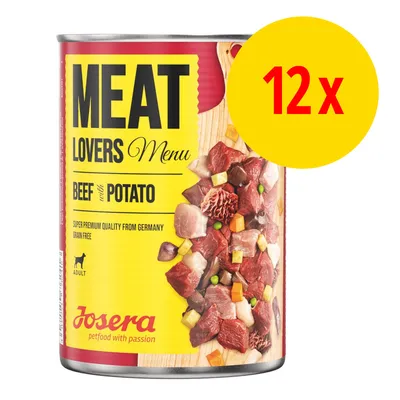 Josera MEAT LOVERS Menu BEEF with POTATO, super premium quality from Germany, grain free, 12 x dåser. Synlige kød- og grøntsagsstykker på etiketten. Josera MEAT LOVERS Menu BEEF with POTATO, super premium quality from Germany, grain free, 12 x dåser. Synlige kød- og grøntsagsstykker på etiketten.