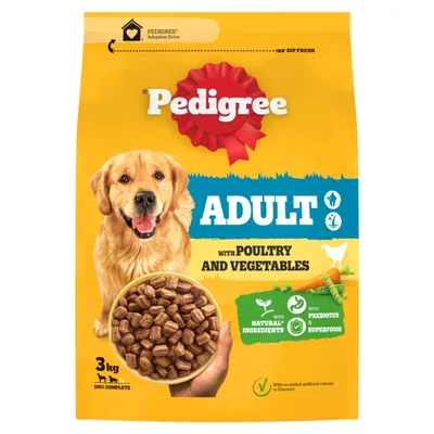 Adult pet food with poultry and vegetables, contains natural ingredients, prebiotics, superfoods, no added artificial colours or flavours. 3kg pack shown. Adult pet food with poultry and vegetables, contains natural ingredients, prebiotics, superfoods, no added artificial colours or flavours. 3kg pack shown.