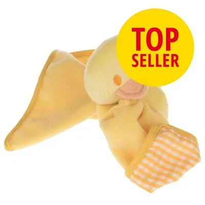 Gelbes Plüschspielzeug in Entenform mit kariertem Stoffdetail. Gelber Kreis mit rotem Text 'Top Seller'.