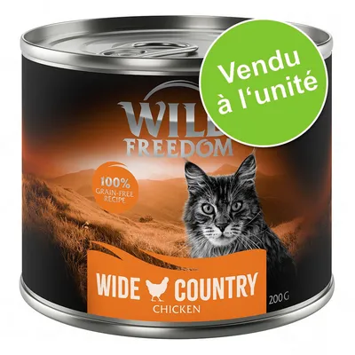 Boîte de pâtée pour chat Wild Freedom Wide Country Chicken 200 g, texte visible : 100% grain-free recipe, vendu à l’unité.