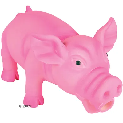 Giocattolo per animali a forma di maiale rosa, materiale plastico, dettagli scolpiti su muso e orecchie, occhi neri. Nessun marchio visibile.