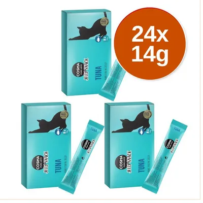 Cosma Jelly Snack Tuna, 24x14g. Opakowania i saszetki z widocznym napisem 'TUNA' oraz 'FREE FROM GRAIN'. Cosma Jelly Snack Tuna, 24x14g. Opakowania i saszetki z widocznym napisem 'TUNA' oraz 'FREE FROM GRAIN'.