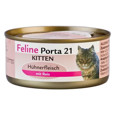 Feline Porta 21 Kitten, piščančje meso z rižem. Popolna hrana za mačke. Sestava: jetra 4,5 %, juha 54,5 %. Dodatki: vitamin D3.